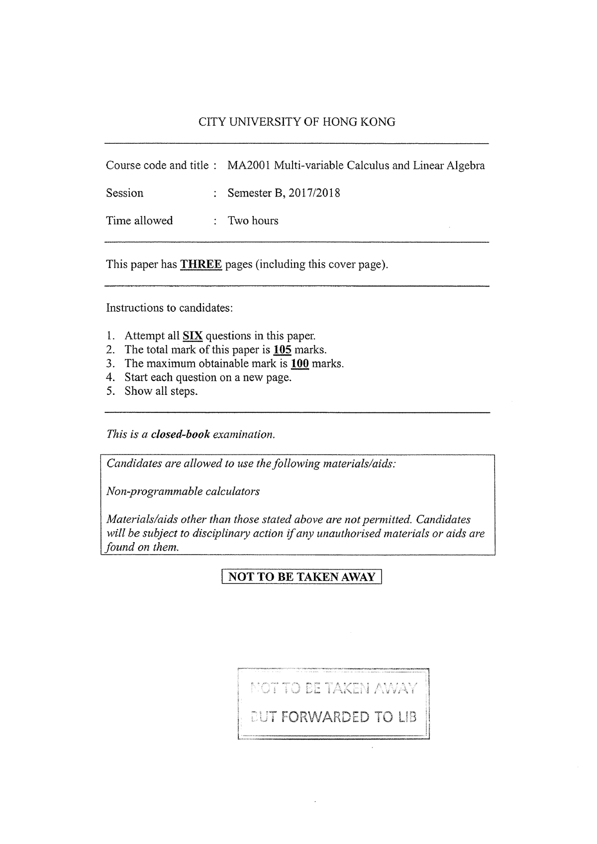 MA2001-1718B - Past Paper - Multi-v Calcu & Linear Algebra - Studocu