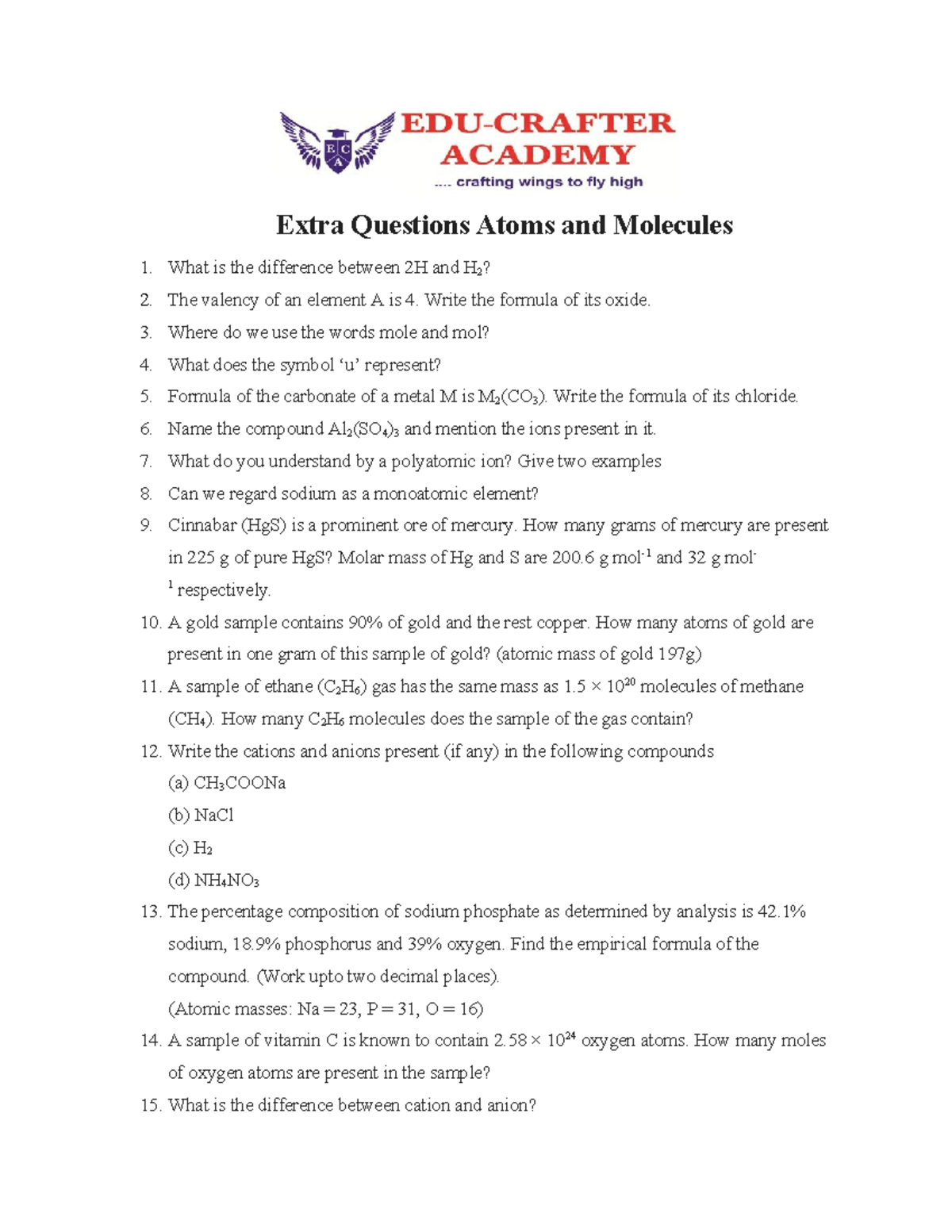 Atoms and molecules questions - Extra Questions Atoms and Molecules ...