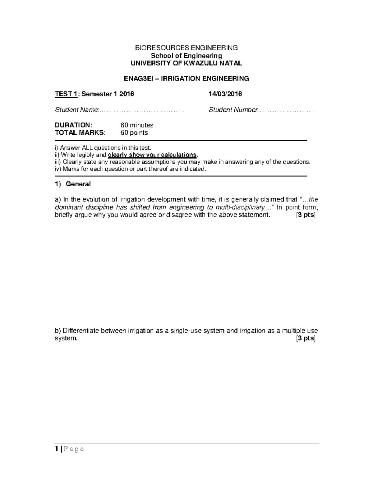 Test 1 6 March 2016, questions - BIORESOURCES ENGINEERING School of ...