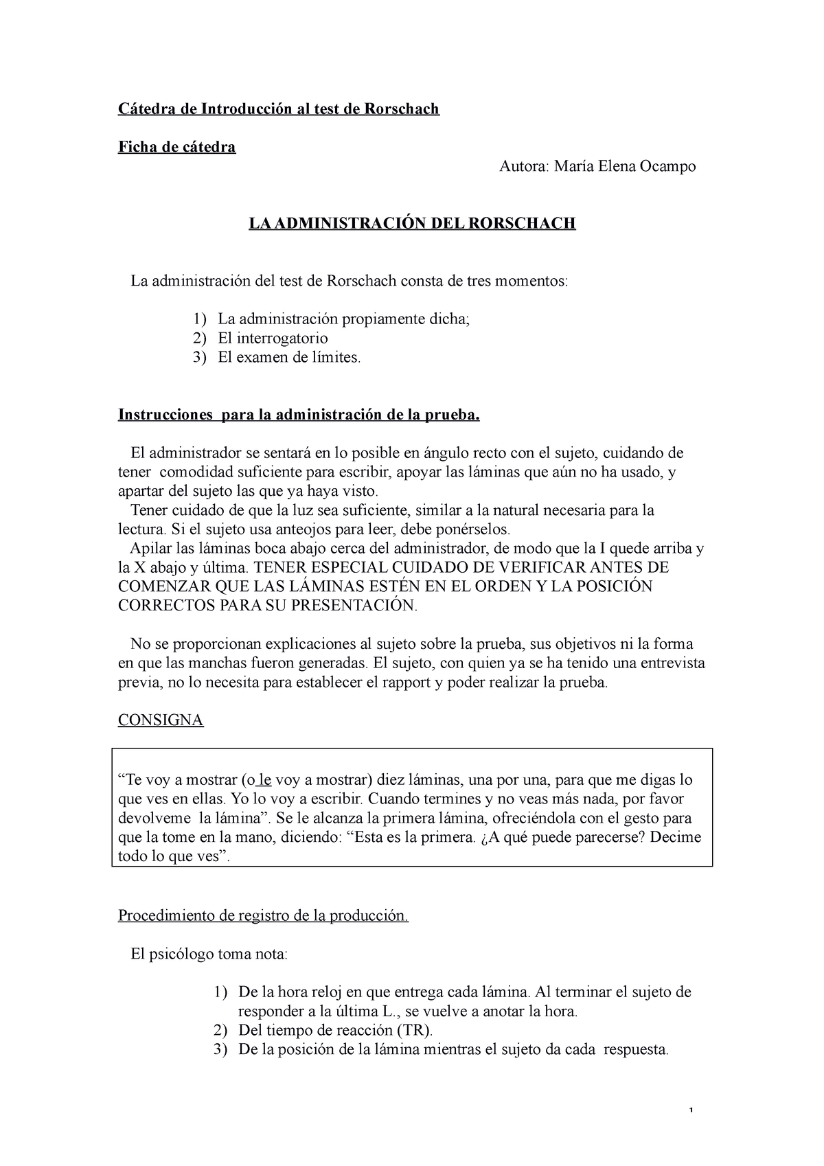 La Administración Del Rorschach Cátedra De Introducción Al Test De Rorschach Ficha De Cátedra 0422