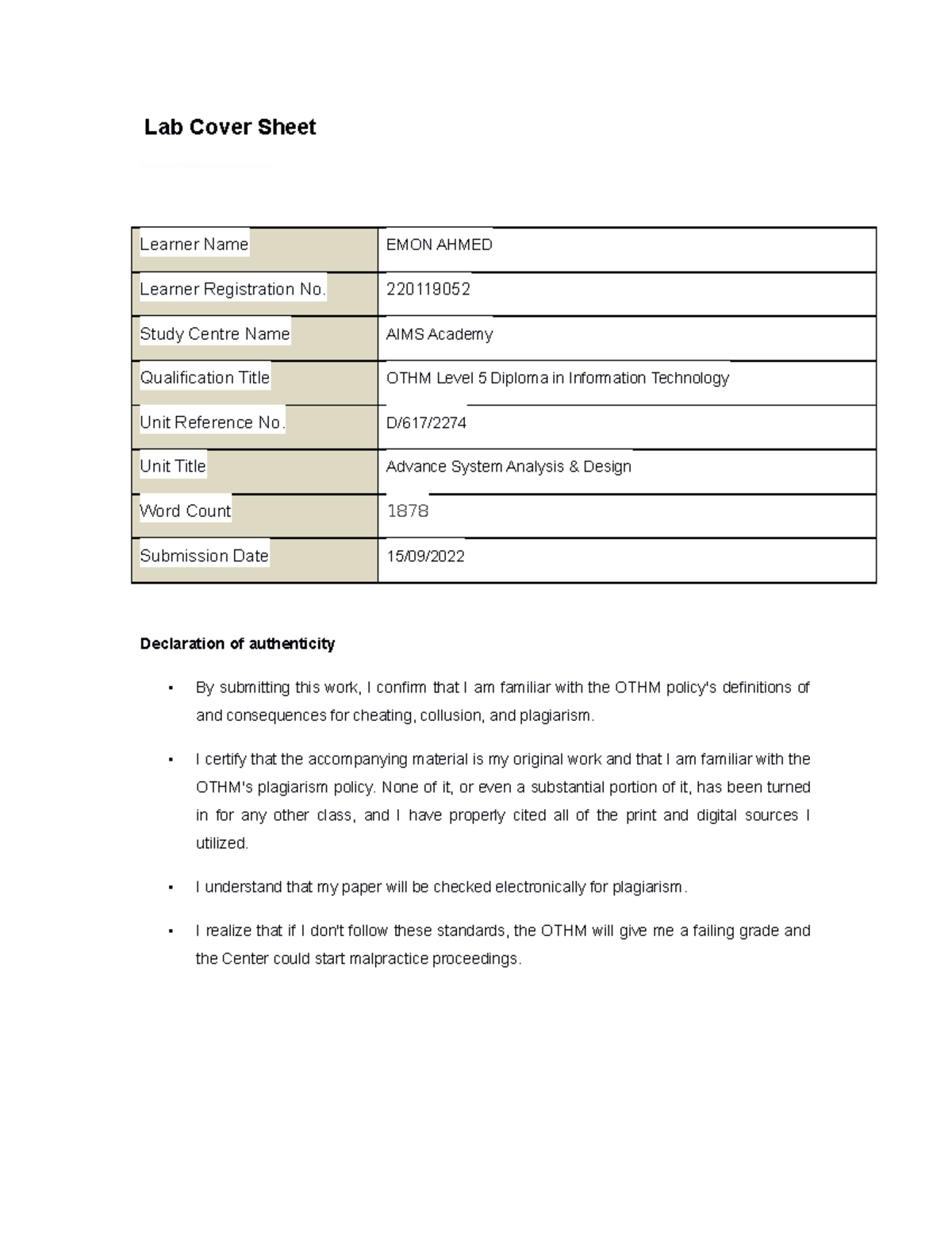 Advance Systems Analysis Guidbook Task2 - Lab Cover Sheet Learner Name ...
