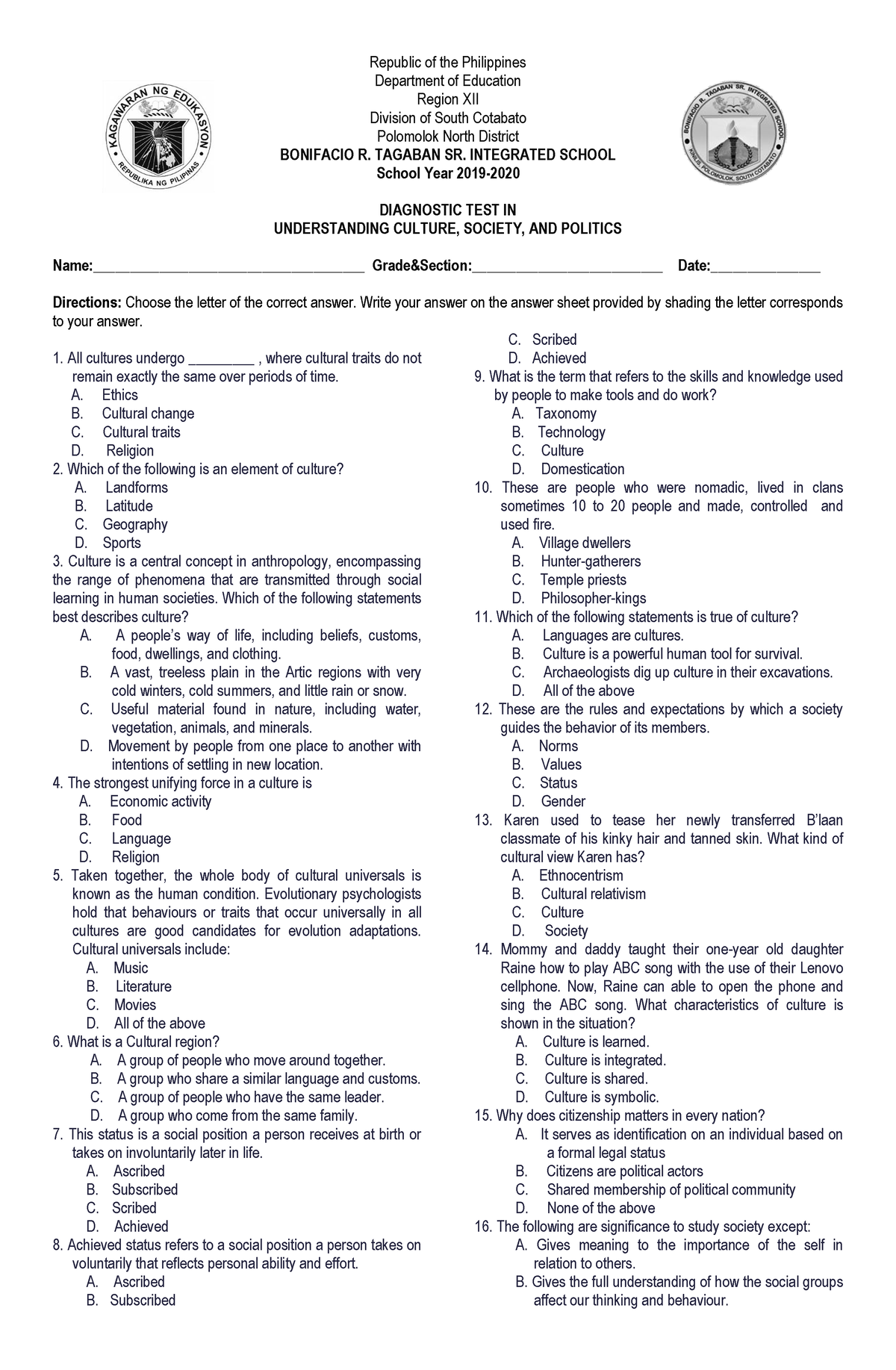 Diagnostic-test - Organization - Republic Of The Philippines Department ...