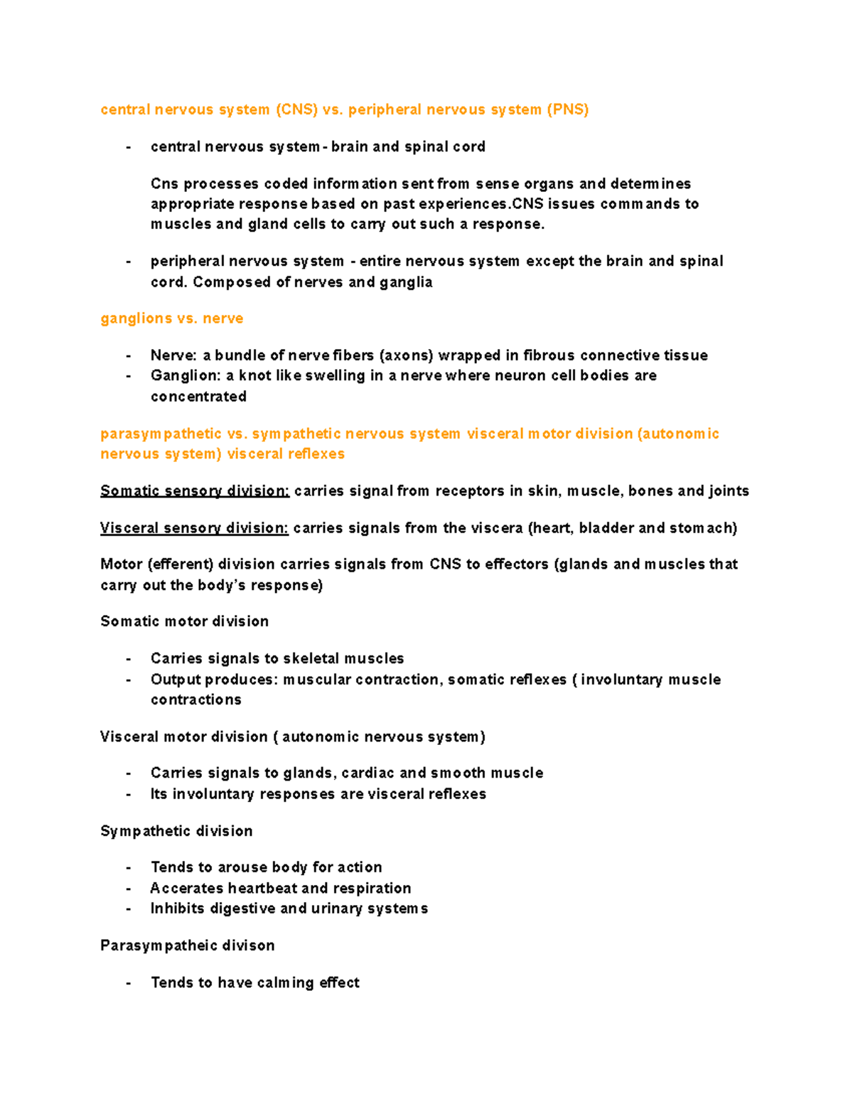 BIO Lecture Review Sheet TEST 3 - central nervous system (CNS) vs ...