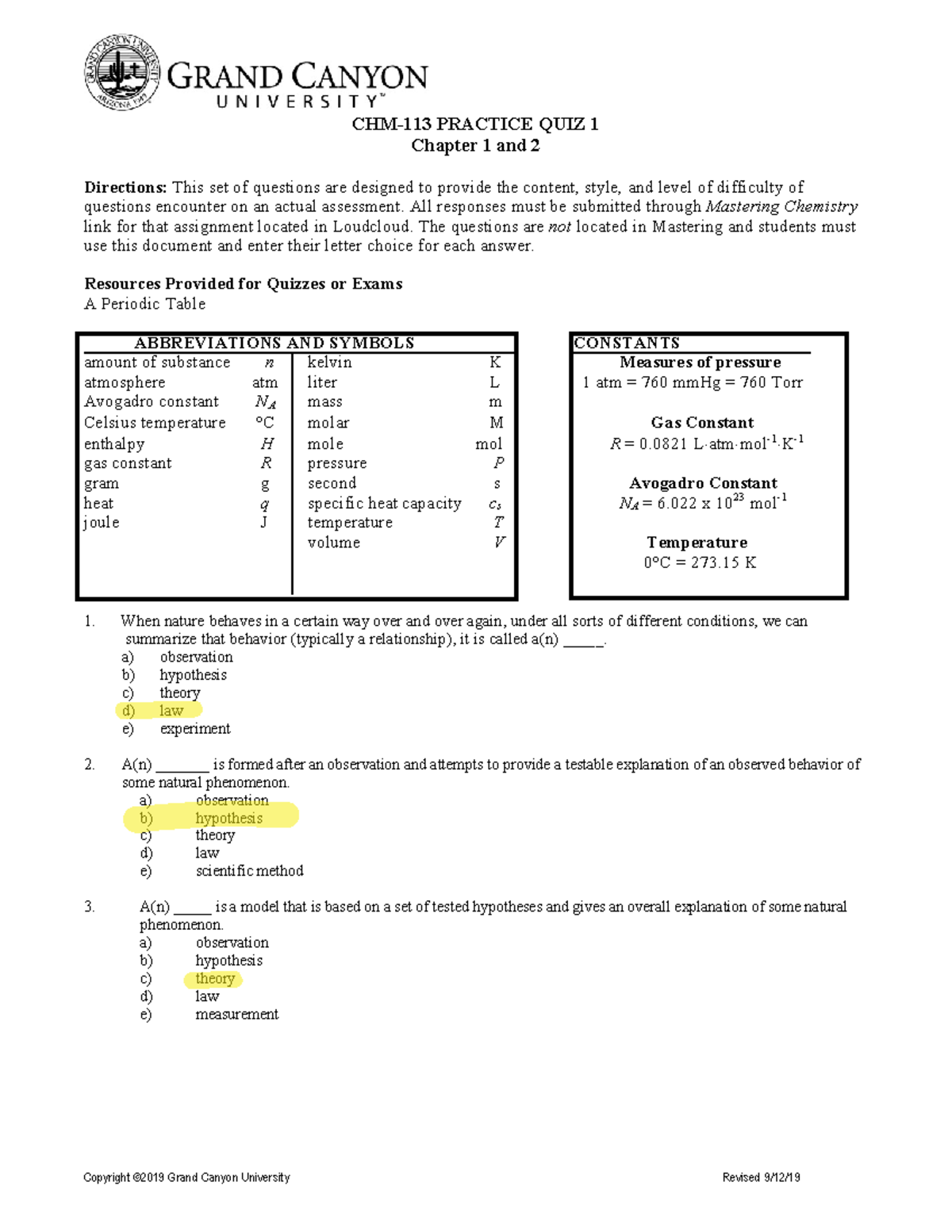 CHM-113 PQ1 Ch1 Ch2 - CHM-113 PRACTICE QUIZ 1 Chapter 1 and 2 ...