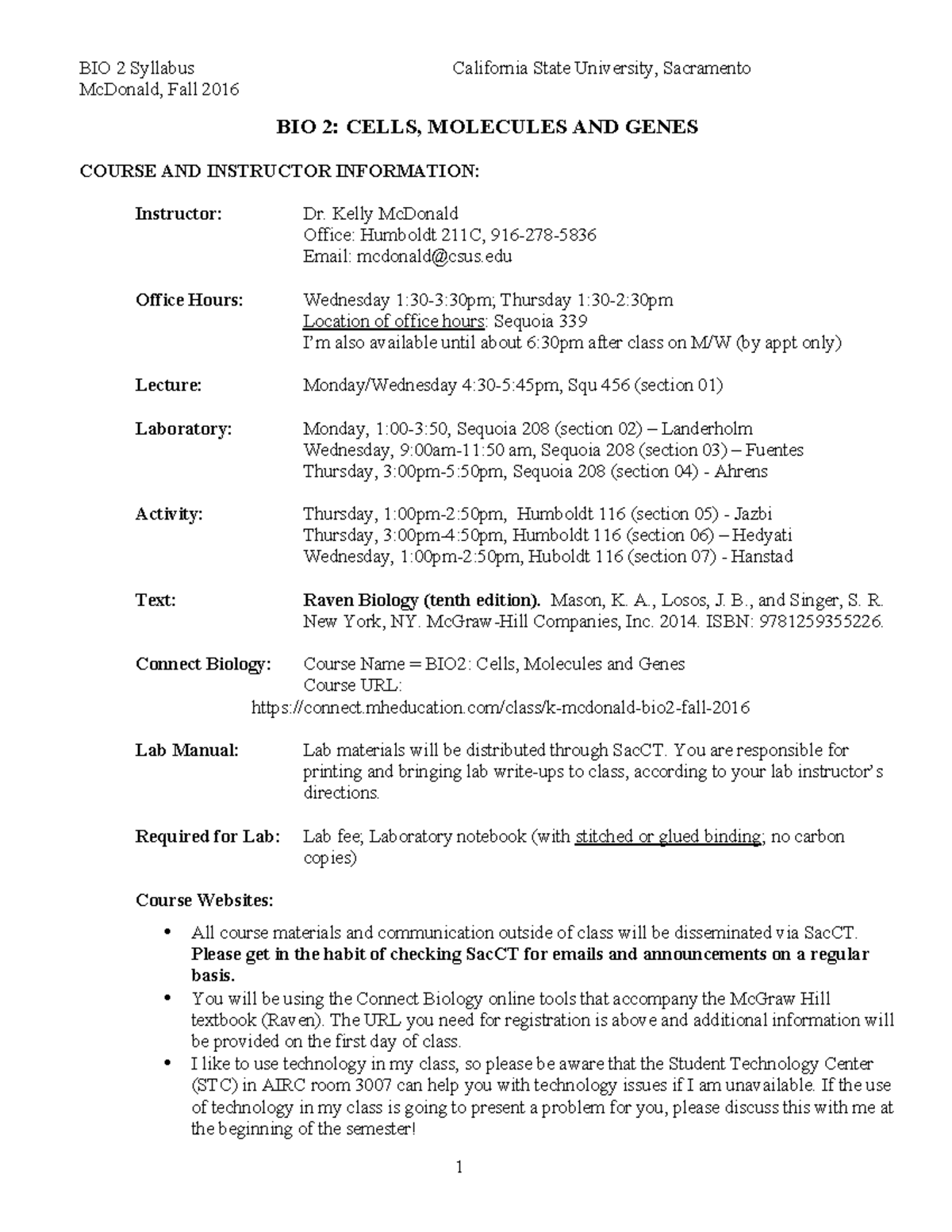 Bio 2 syllabus fall 2016 final - McDonald, Fall 2016 BIO 2: CELLS ...