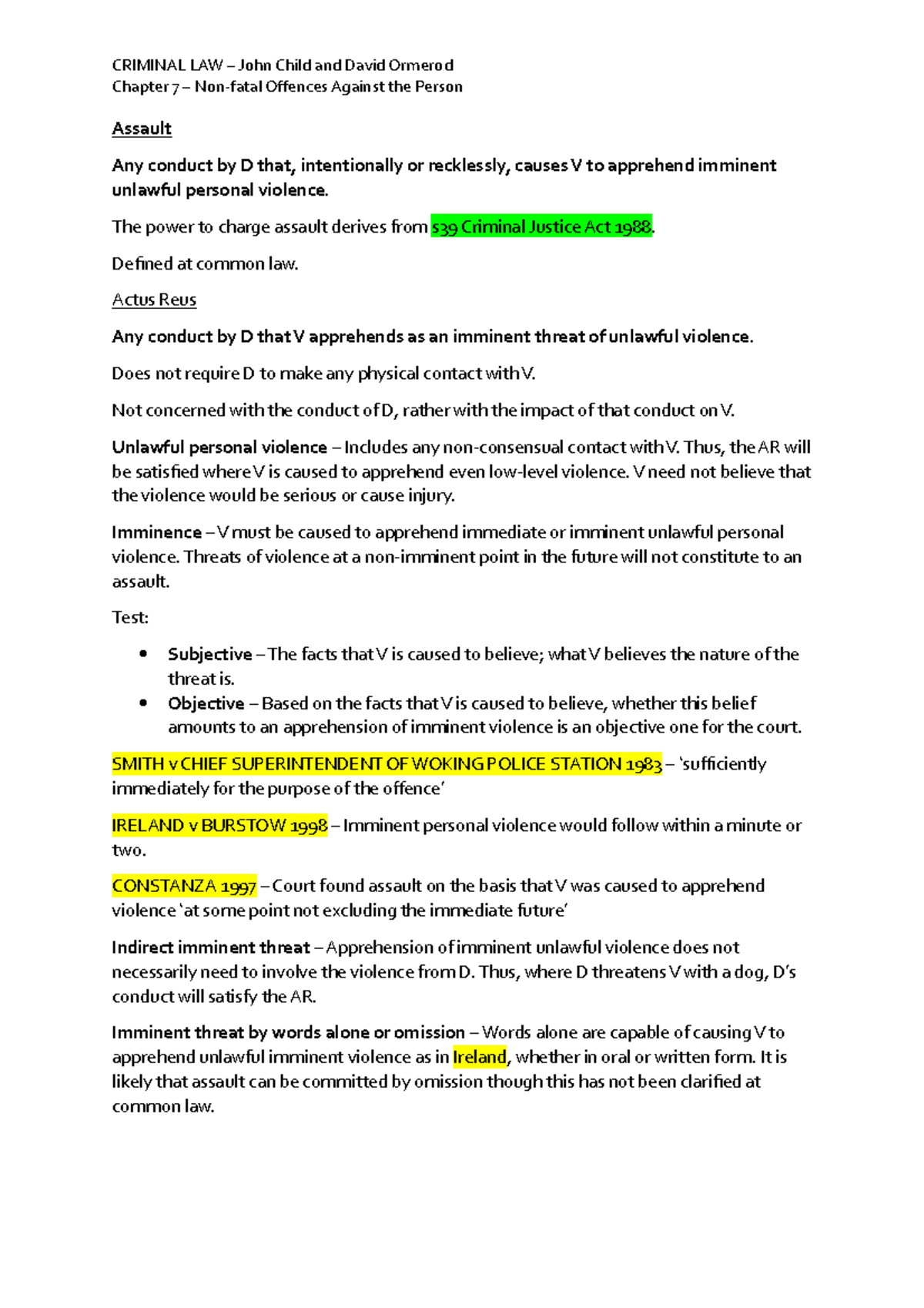 Criminal Law Chapter 7 Non-fatal Offences Against the Person Notes ...