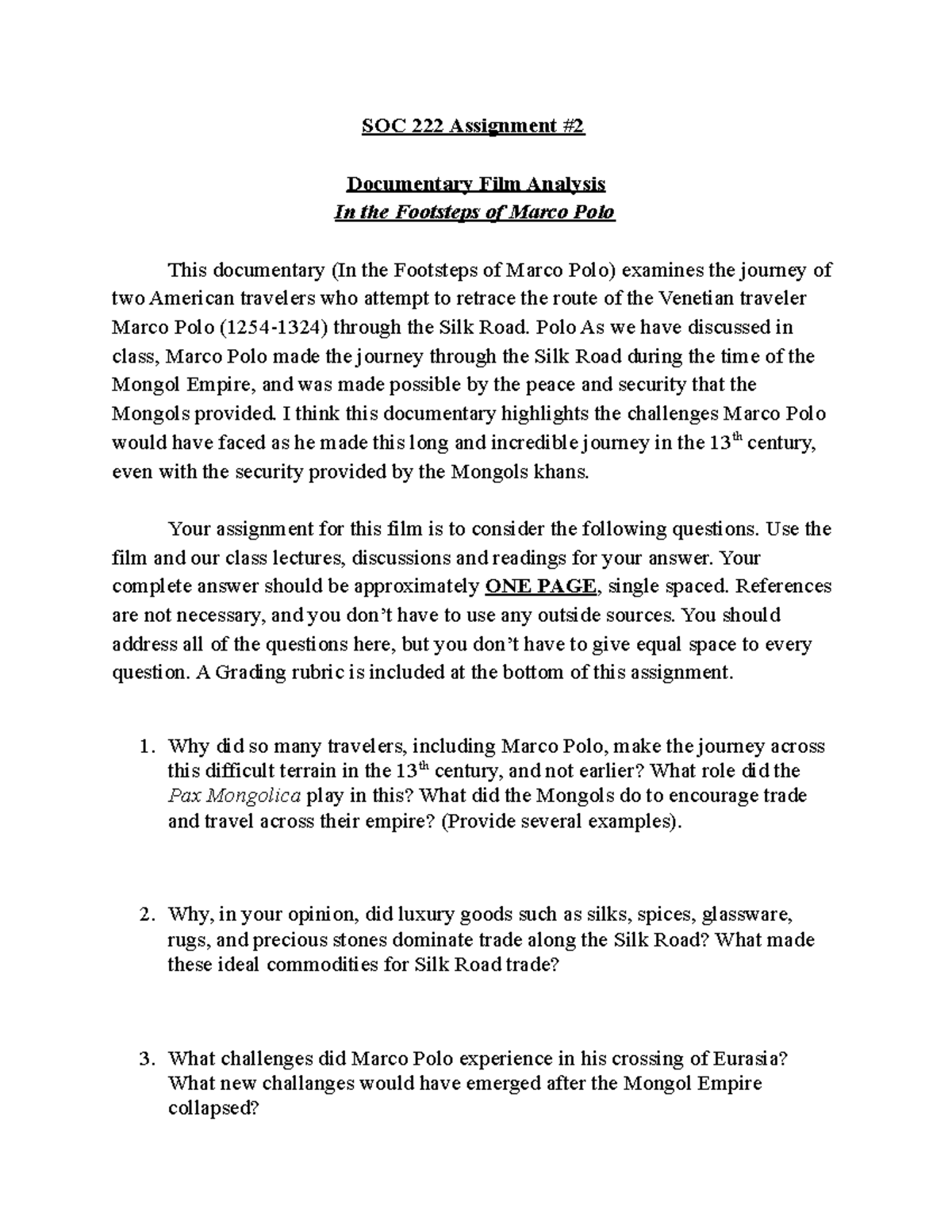 SOC 222 (Film Analysis Assignment- In the Footsteps of Marco Polo ...
