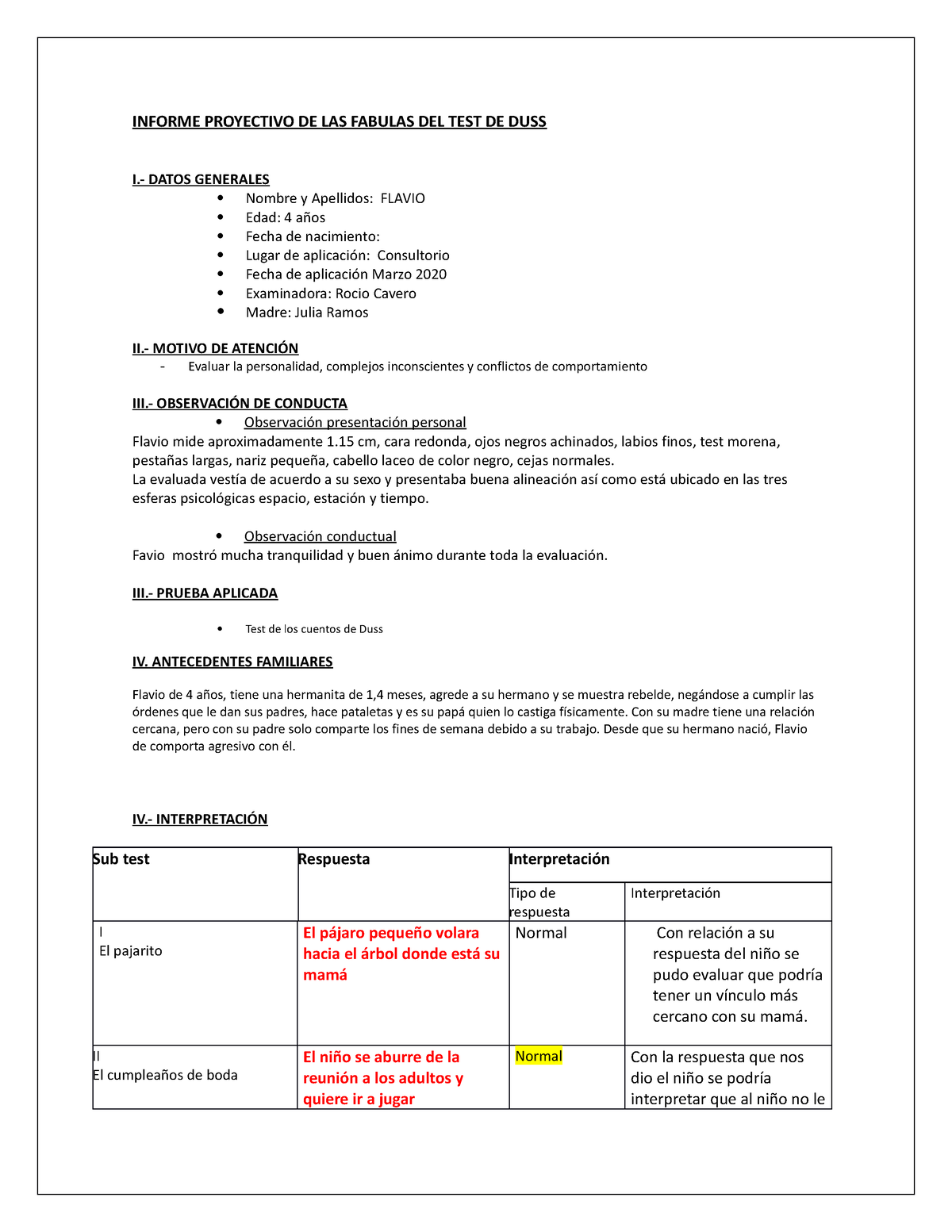 Informe Proyectivo DEL TEST DE DUSS- CASO Flavio 3333 - INFORME ...