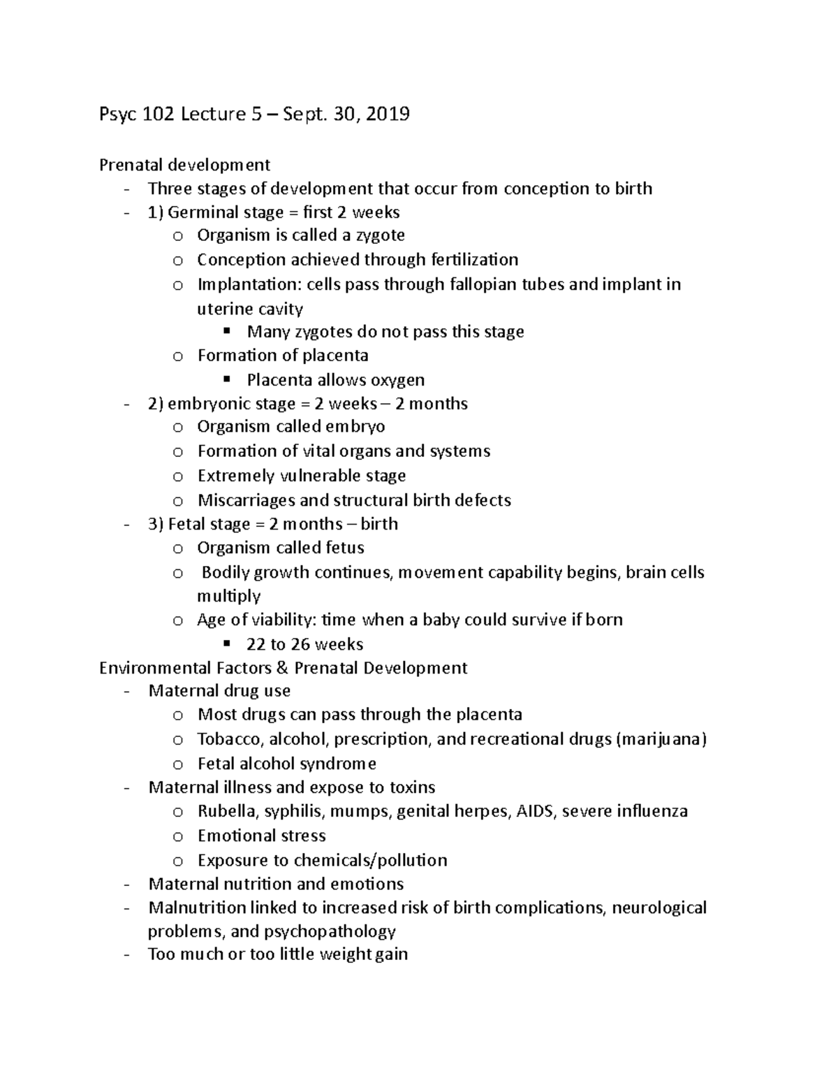 Psyc 102 Lecture 4 - Psyc 102 Lecture 5 – Sept. 30, 2019 Prenatal ...