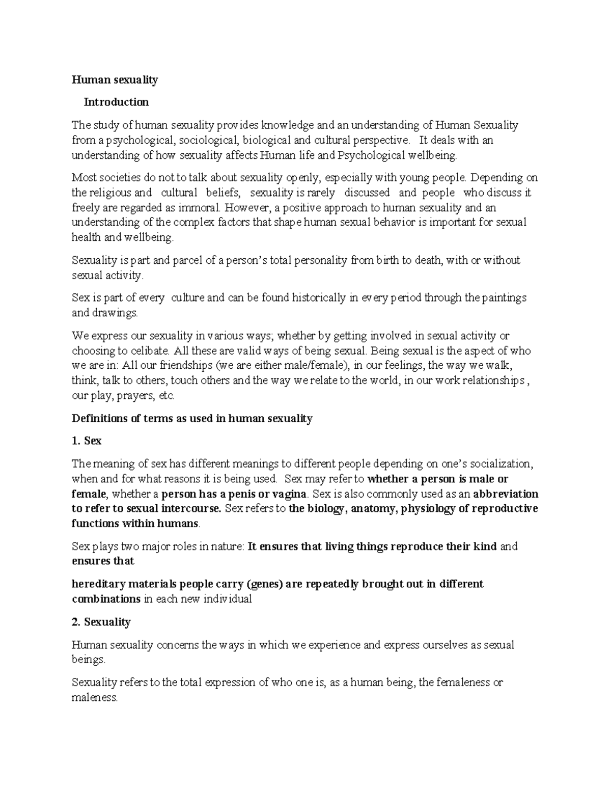 Human sexuality compiled notes - Human sexuality Introduction The study ...