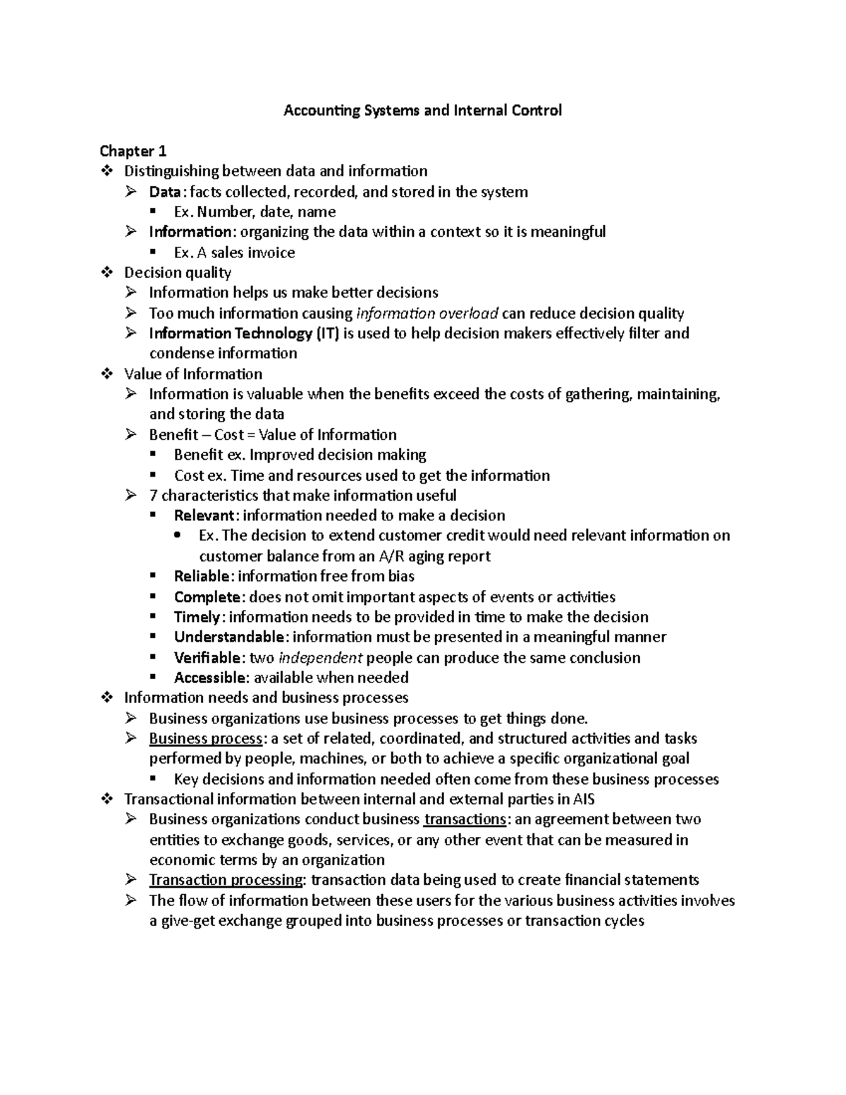 Notes - Accounting Systems and Internal Control Chapter 1 ...