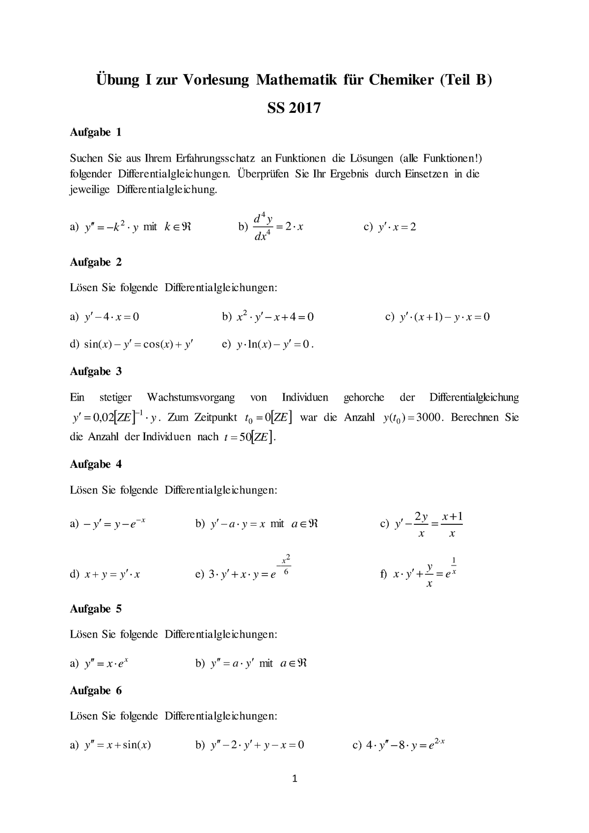 Übung I Zu Mathe B - 1 Übung I Zur Vorlesung Mathematik Für Chemiker ...