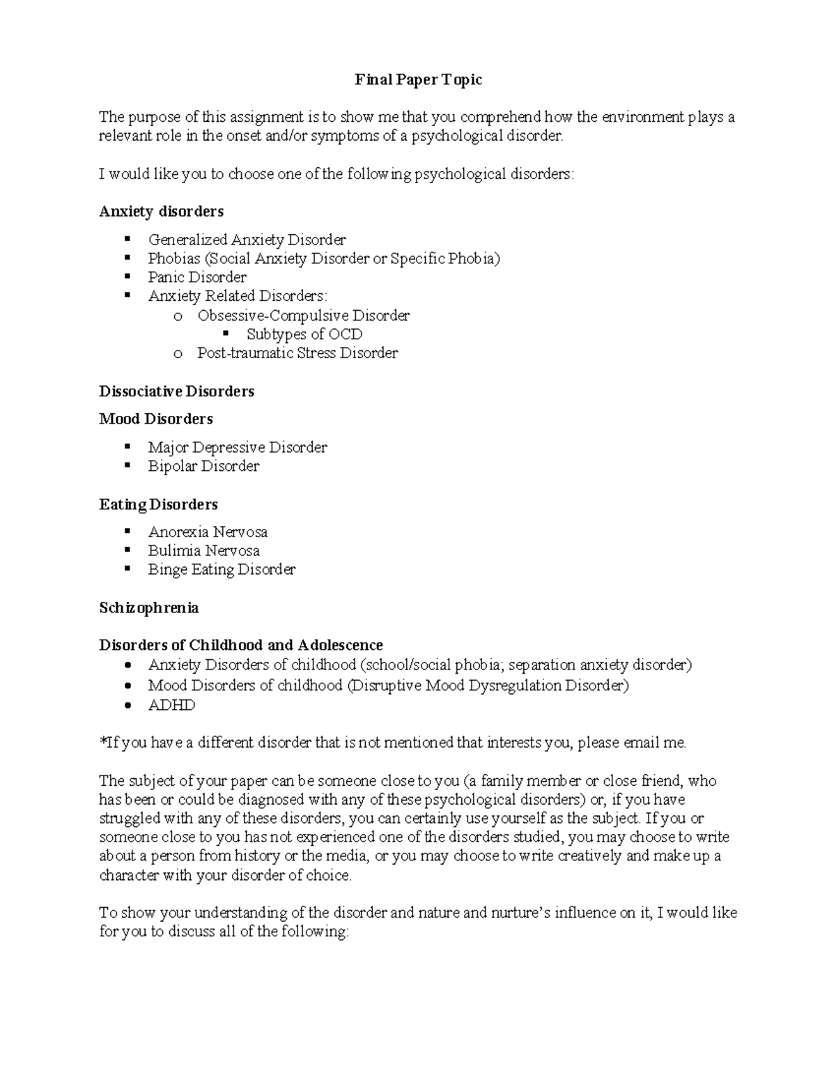 PSY 101 Instructions For Final Paper Final Paper Topic The Purpose Of 