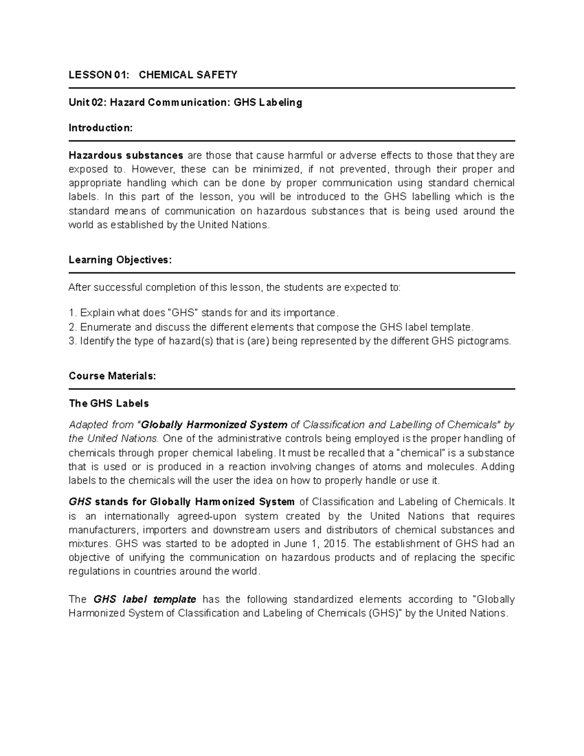 Unit 02 Hazard Communication - GHS Labeling - LESSON 01: CHEMICAL ...
