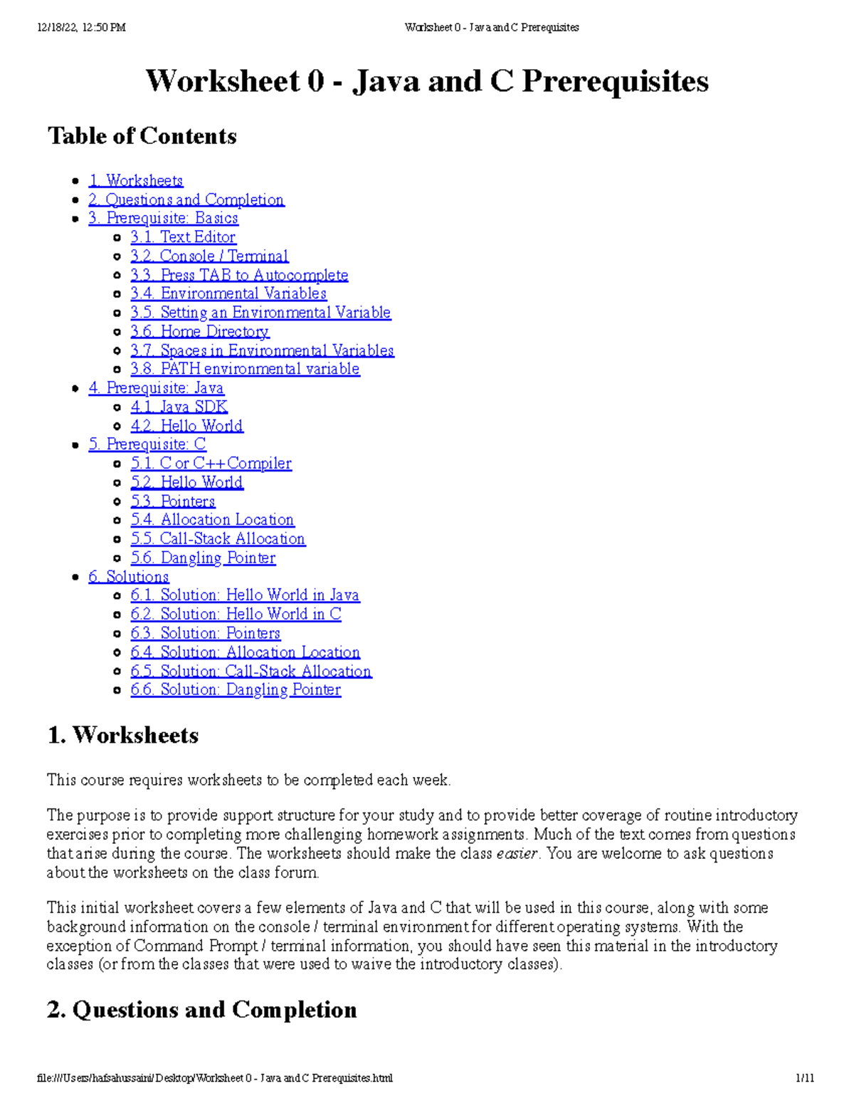 Worksheet 0 - Java and C Prerequisites - Worksheet 0 - Java and C ...