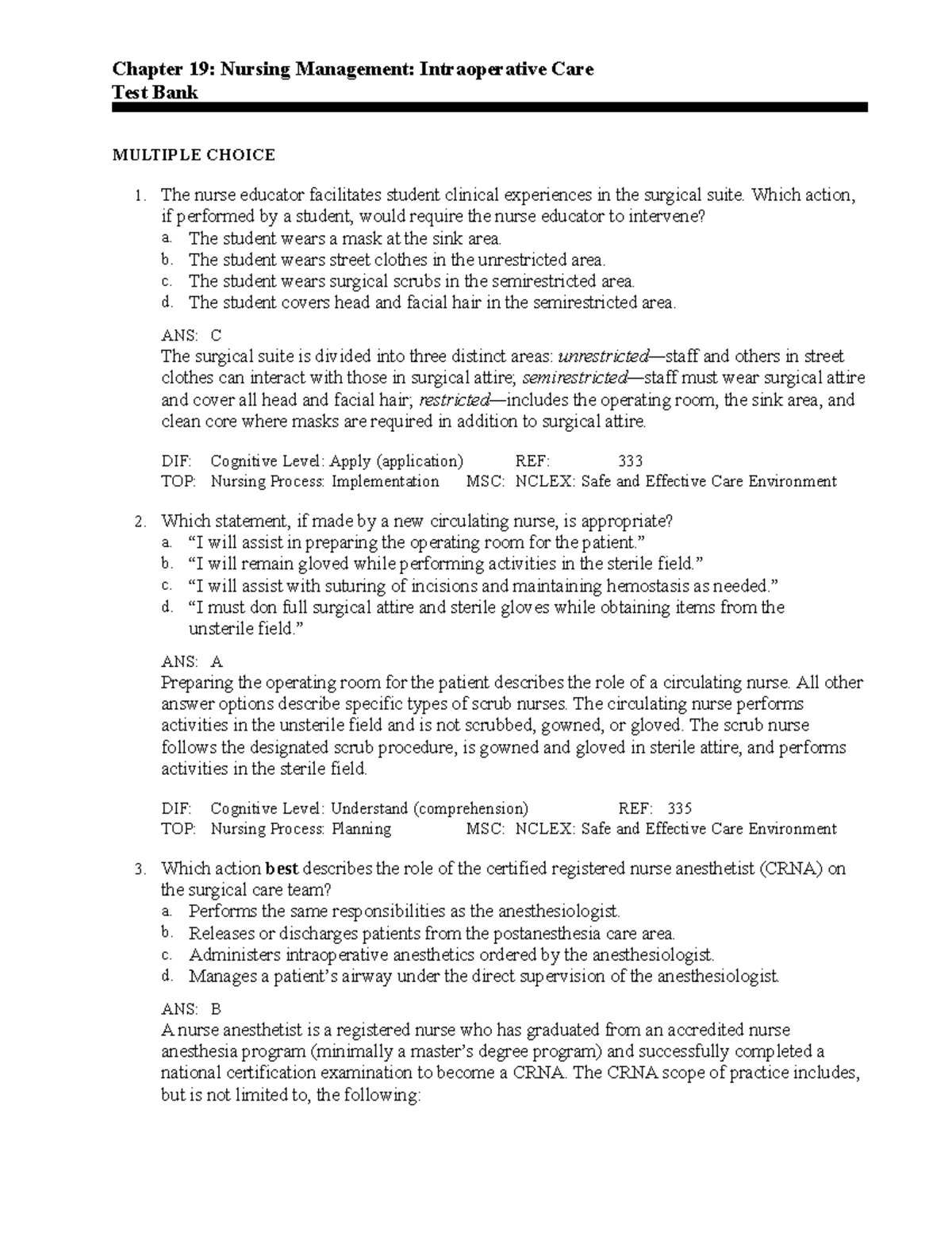 Intraoperative Care NCLEX REVIEW PRACTICE QUESTIONS Chapter 19