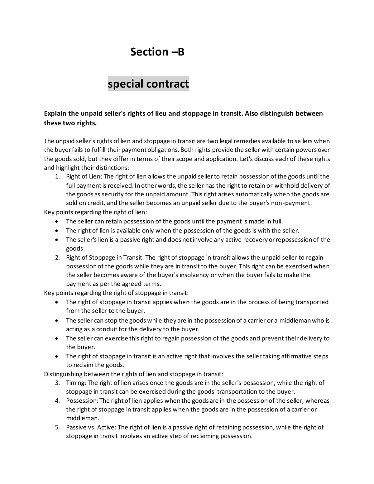 Section-B - Section – B Special Contract Explain The Unpaid Seller's ...