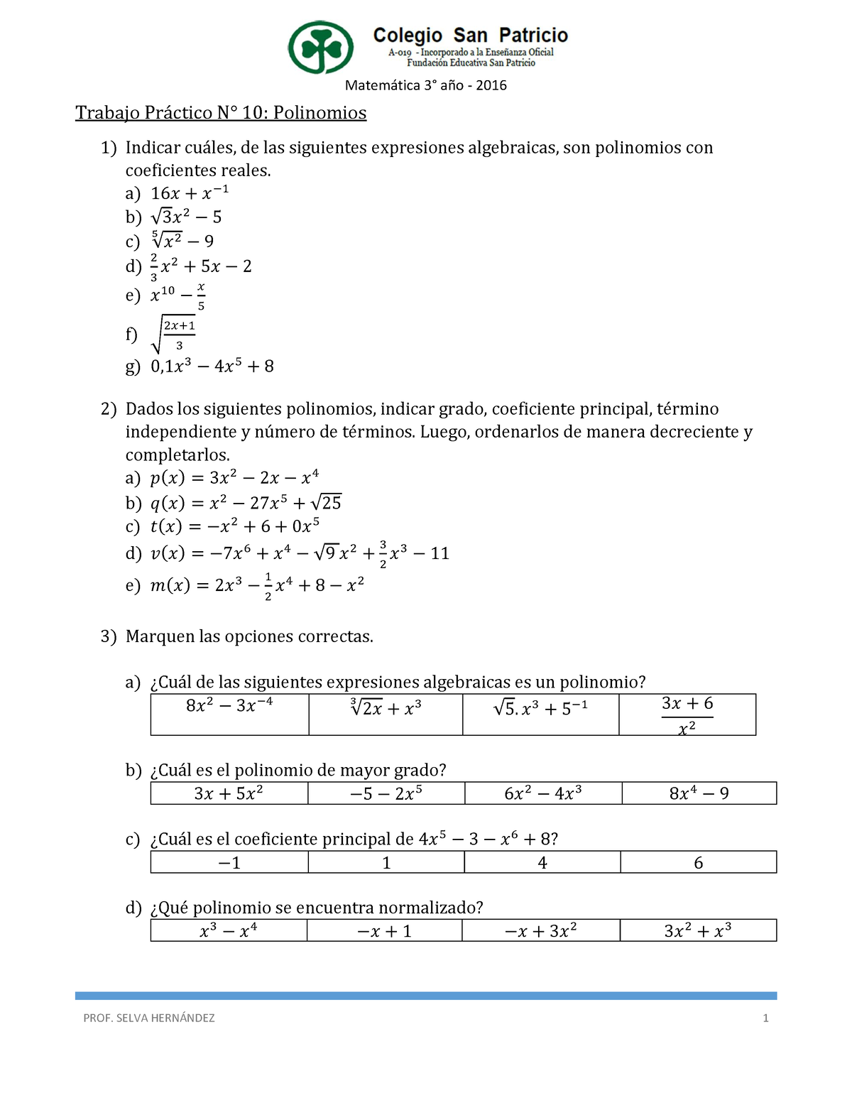 Trabajo Pr Ctico No 10 Polinomios - Matemática 3° Año - 2016 Trabajo ...