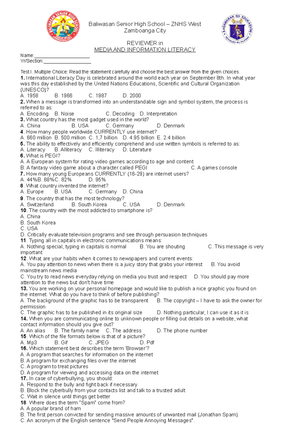 ReviewerSet1 this is only or reviewer Baliwasan Senior High School