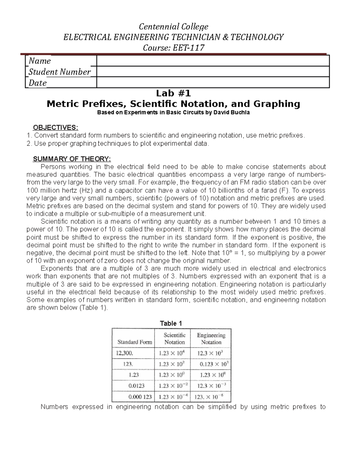 EET-117 LAB 1 22W - Week 1 - Centennial College ELECTRICAL ENGINEERING ...