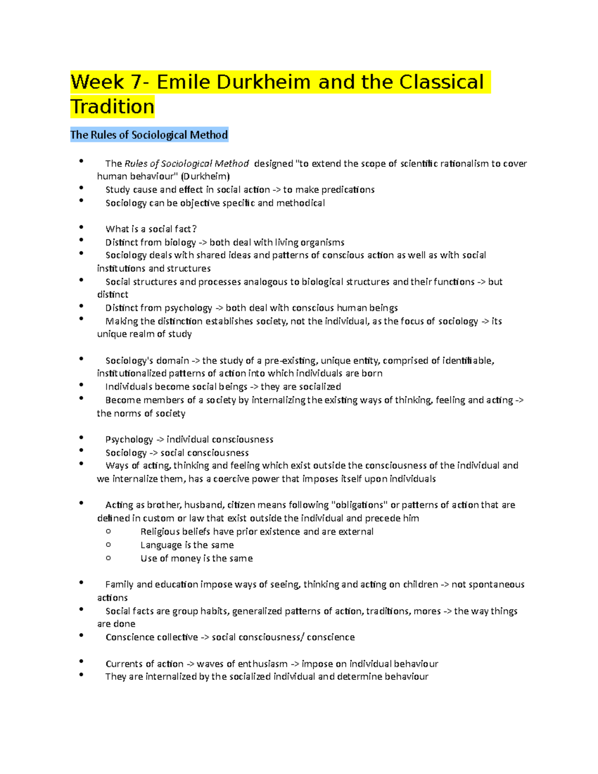 Socy week 7 - week 7 socy notes - Week 7- Emile Durkheim and the ...