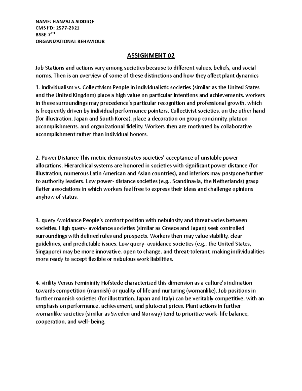 Assignment 2 OB - NAME: HANZALA SIDDIQE CMS I’D: 2577- 2021 BSSE- 7 TH ...