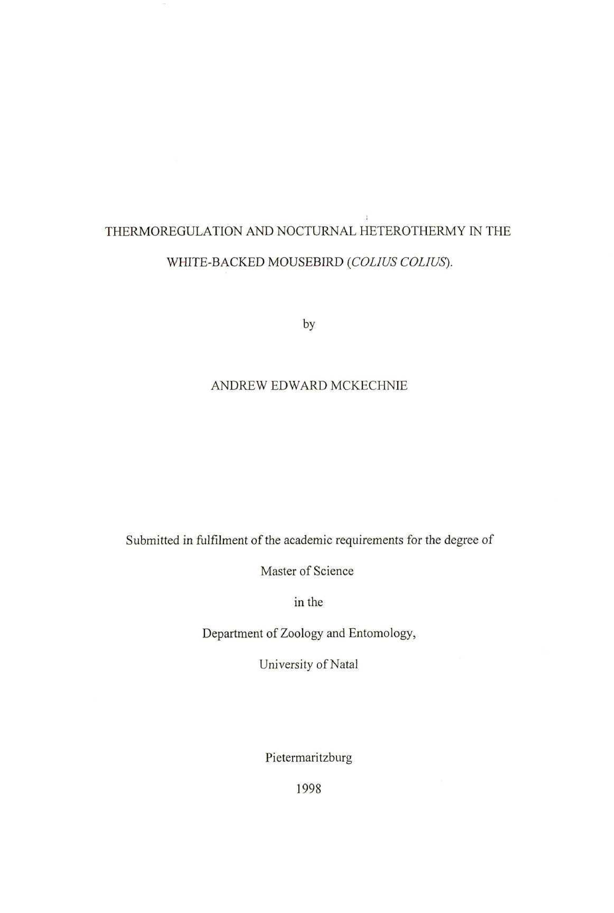 Mckechnie Andrew E 1998 - THERMOREGULATION AND NOCTURNAL HETEROTHERMY ...