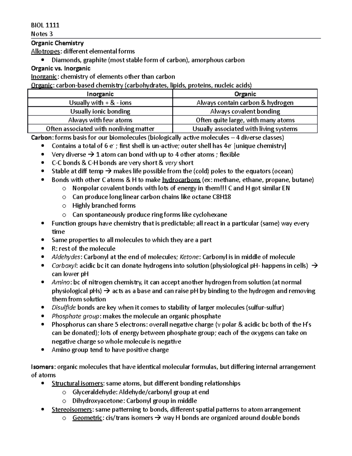 BIO 1111 Notes 3 - BIOL 1111 Notes 3 Organic Chemistry Allotropes ...