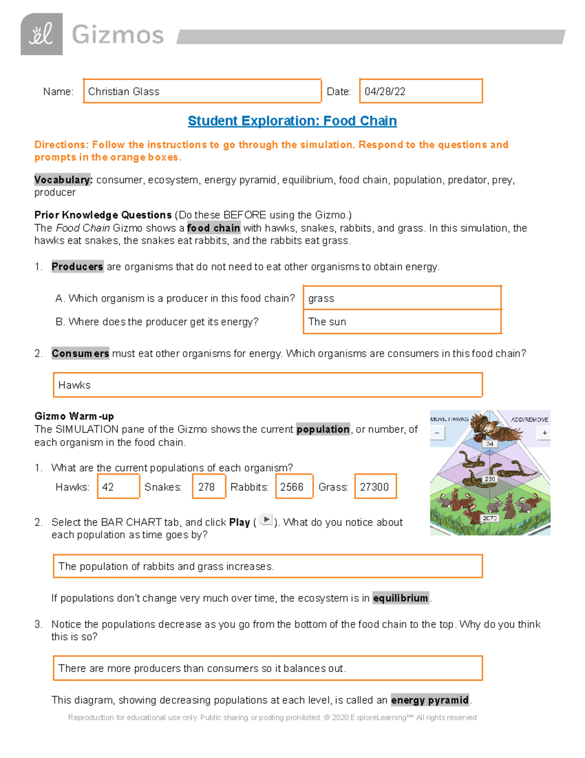 Gizmo-Food Chain Answer Key Biology - Name: Christian Glass Date: 0428 