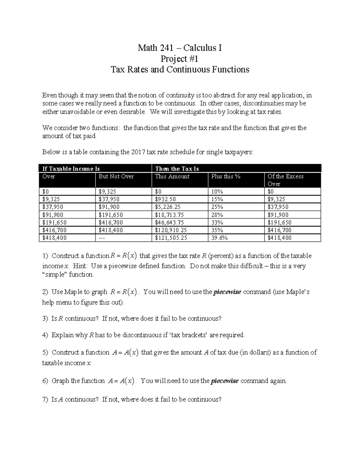 Project 1-Tax Rates-Continuity 2018 - Math 241 – Calculus I Project Tax ...