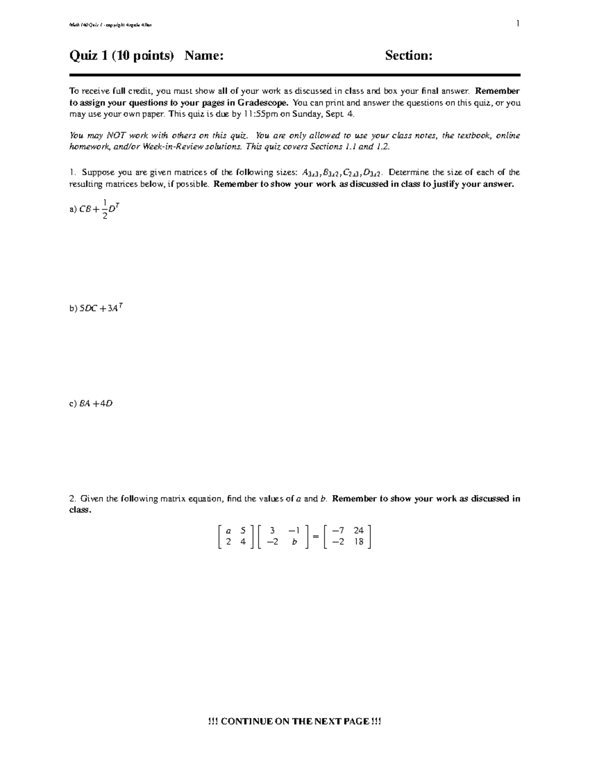 Homework Page of Communal Math Equations - Math 140 Quiz 1 - copyright ...