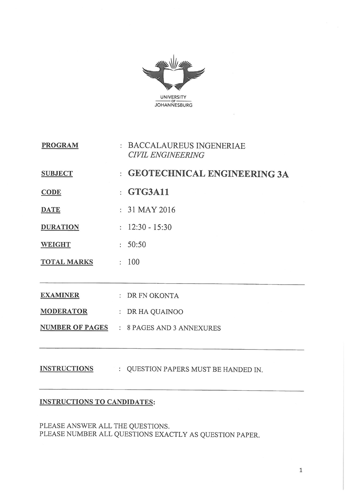 Geotechnical Engineering 3A Exam 2016 - GTG3A11 - Studocu