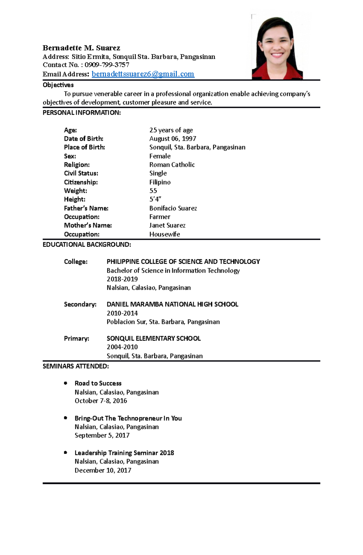 Bernadette M. CV - Sample of Curriculum Vitae - Bernadette M. Suarez ...