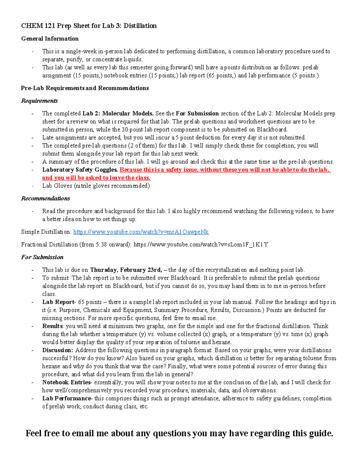 CHEM 121 Prep Sheet for Lab 3 Distillation(1) - CHEM 121 Prep Sheet for ...