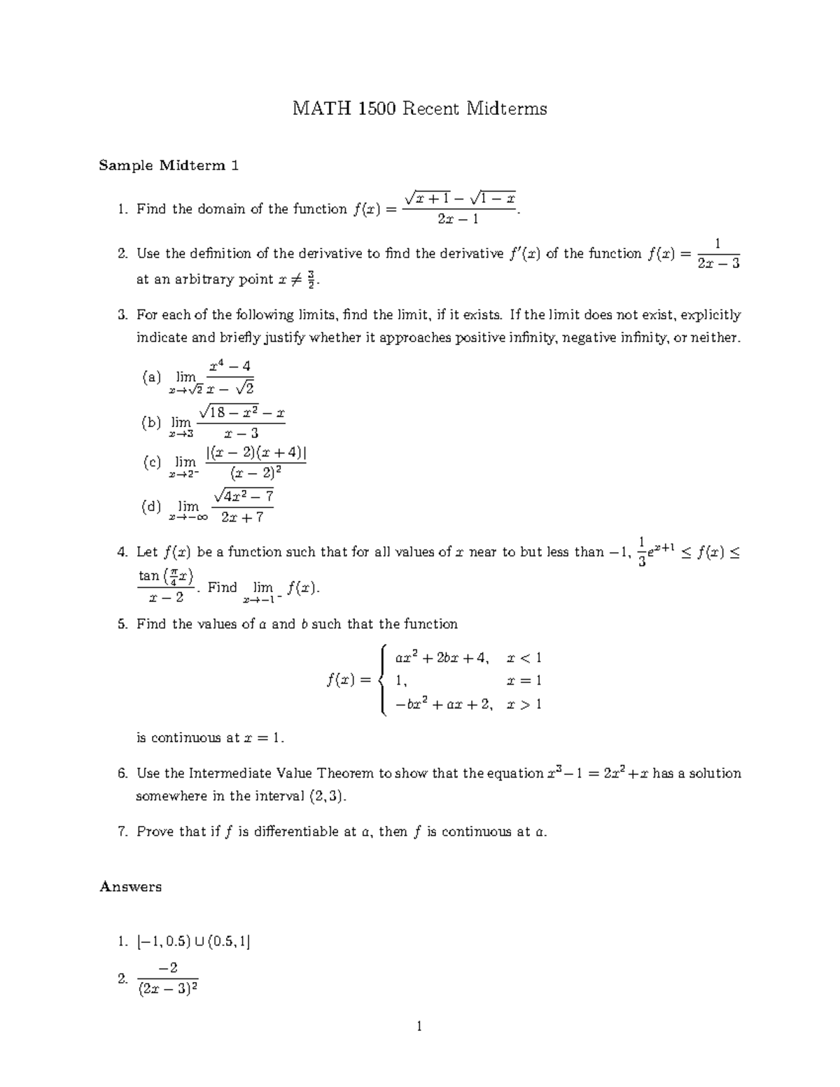 Exam 2018, Questions And Answers - MATH 1500 Recent Midterms Sample ...