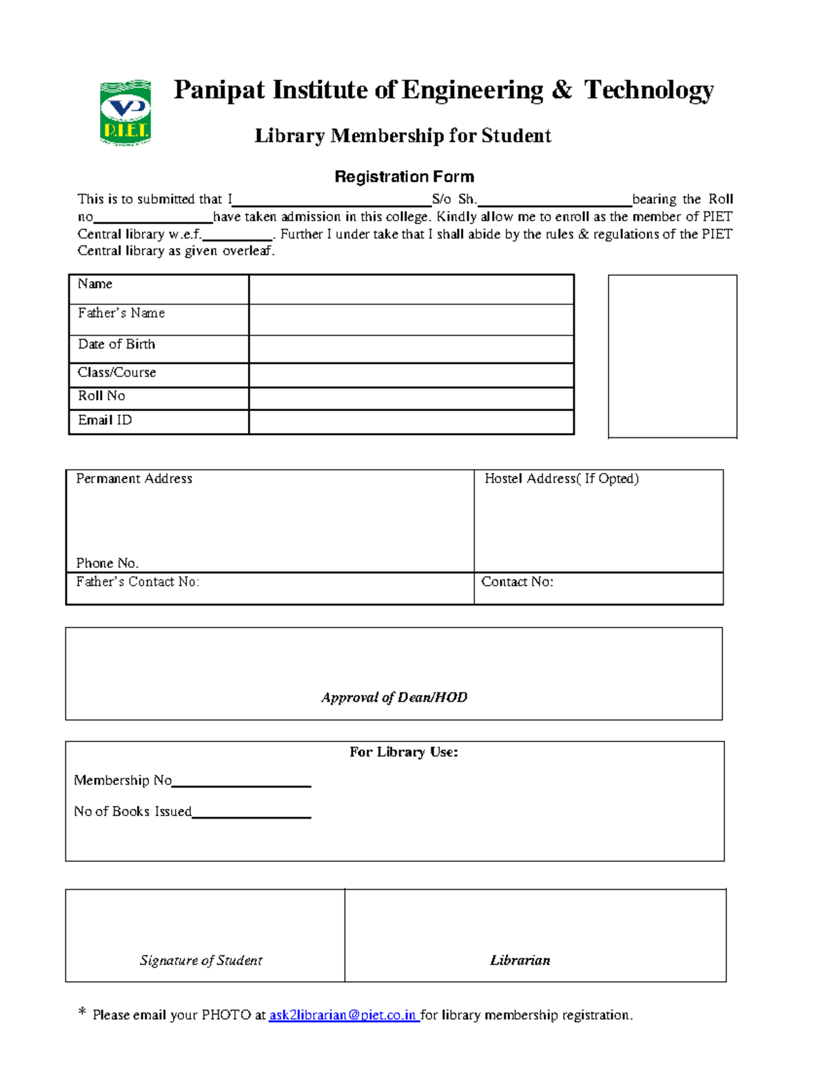 Library Membership Form Student Panipat Institute of Engineering
