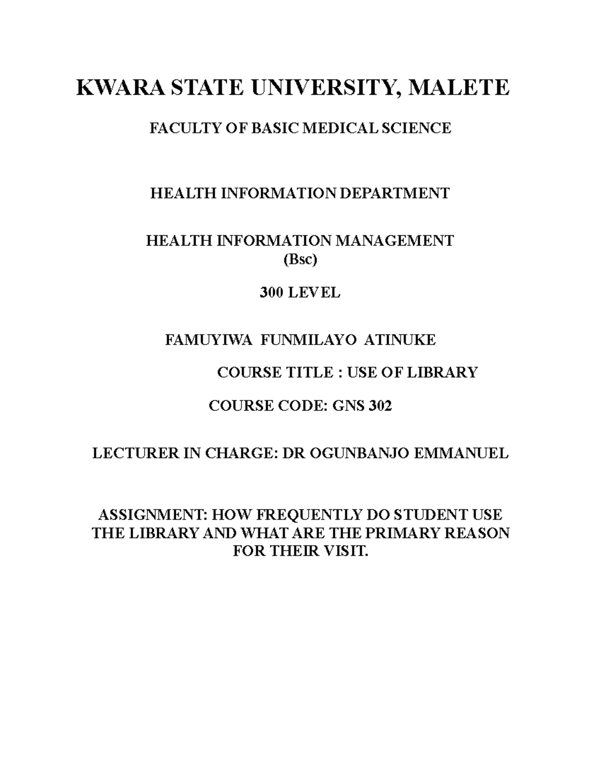 Library Assignment ne E - INTRODUCTORY COMPUTER SCIENCE - KWARA STATE ...
