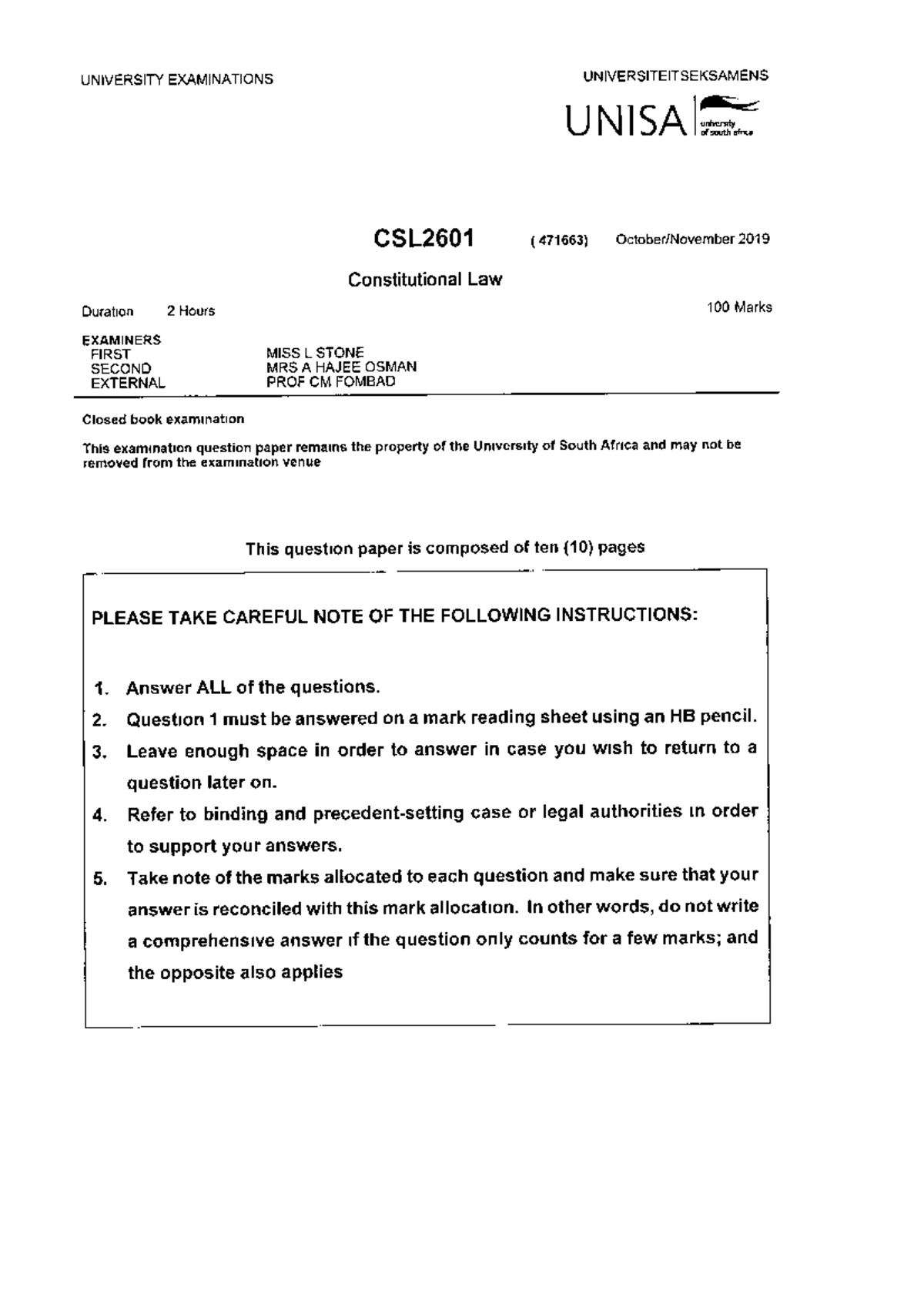 Constitutional law study guide 2601-2019-10-E-1 - CPR3701 - Unisa - Studocu