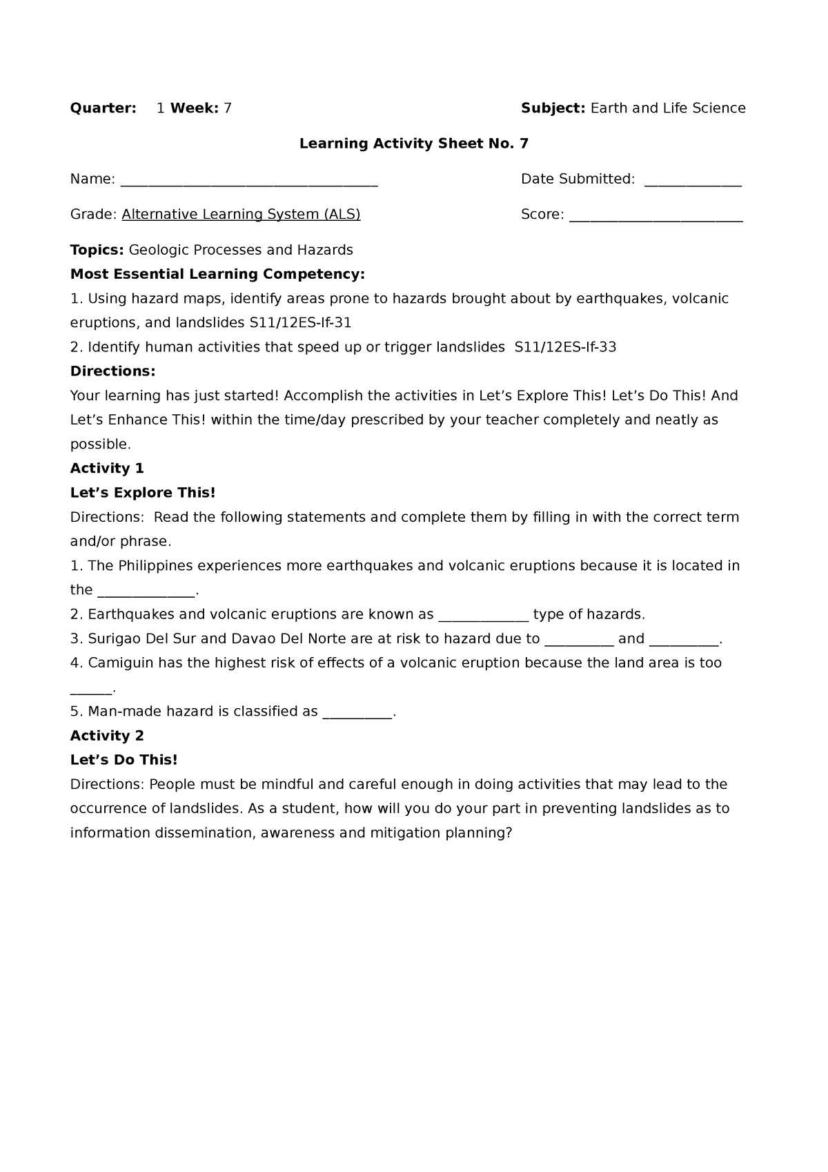 Learning Activity Sheet No 7 Els Key Quarter 1 Week 7 Subject Earth And Life Science 5452