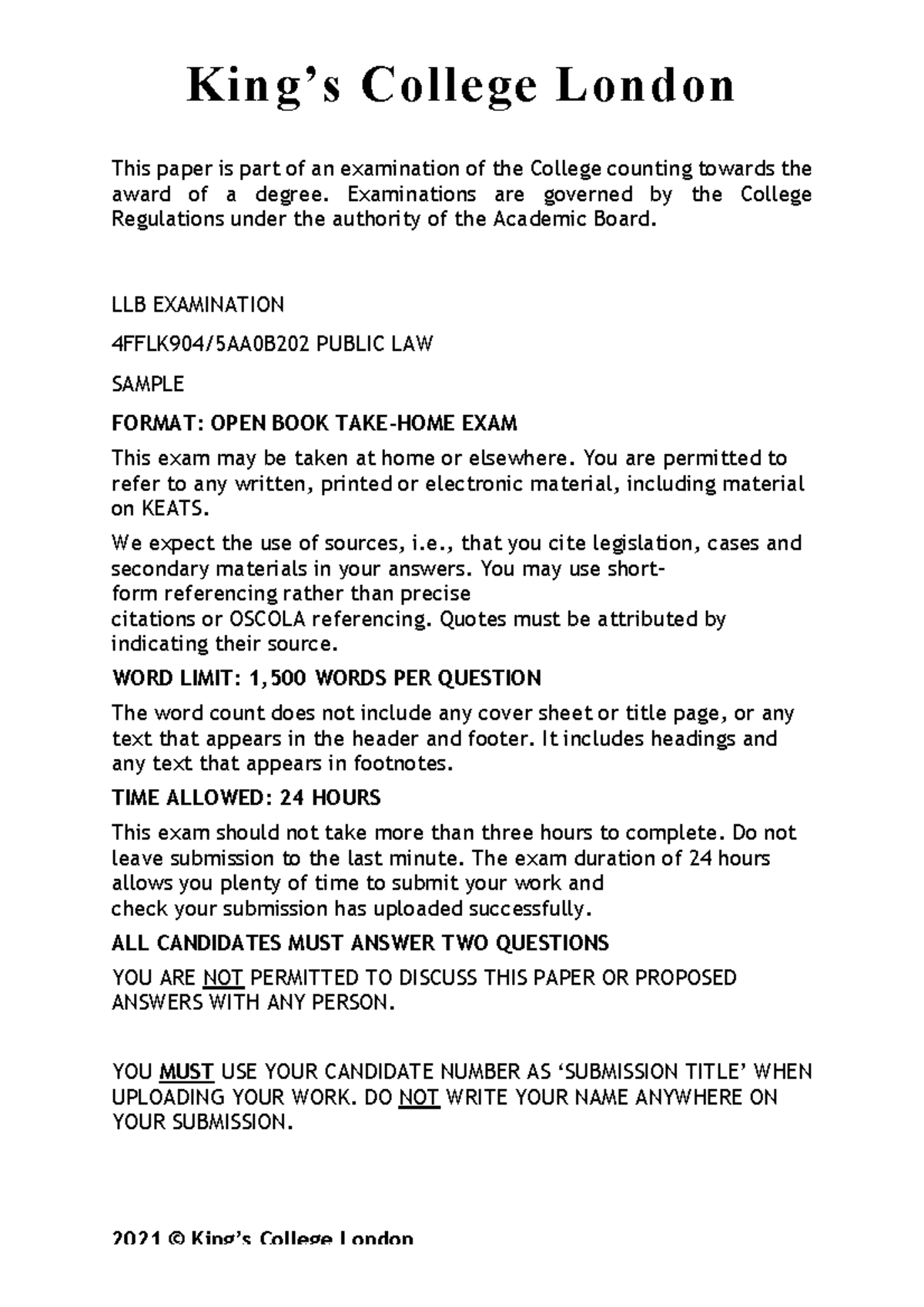 Sample Public Law Exam Paper King’s College London This paper is part