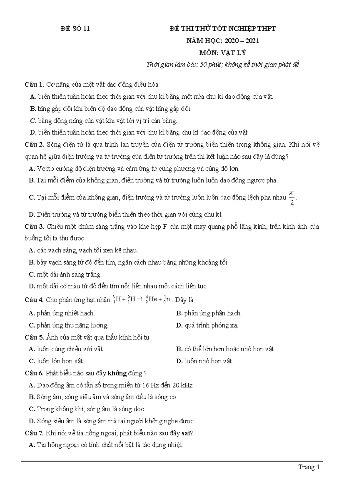 11 - bé lên ba - ĐỀ SỐ 11 ĐỀ THI THỬ TỐT NGHIỆP THPT NĂM HỌC: 2020 ...