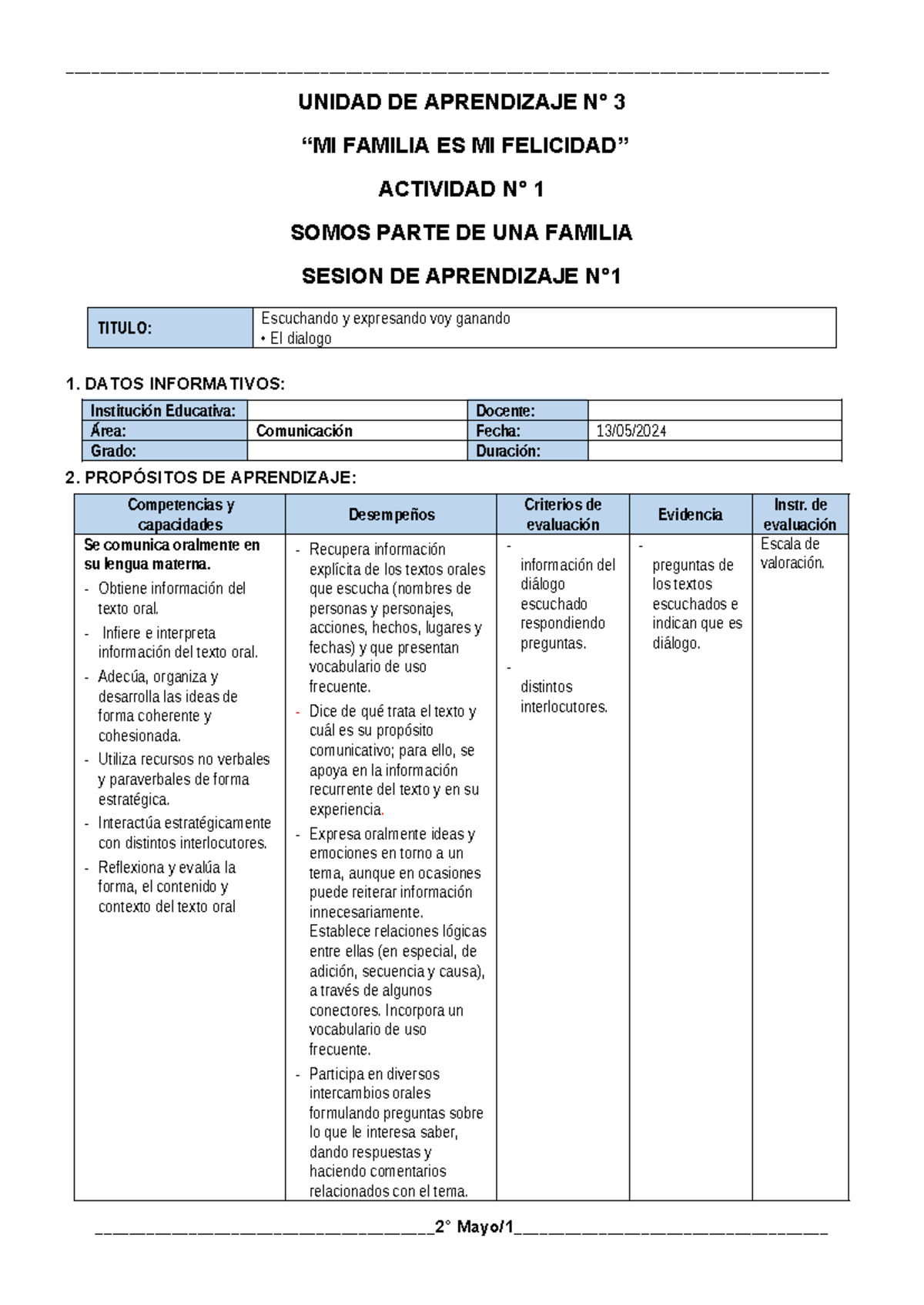 2º Sesiones DEL 13 AL 17 DE MAYO - UNIDAD DE APRENDIZAJE N° 3 “MI ...
