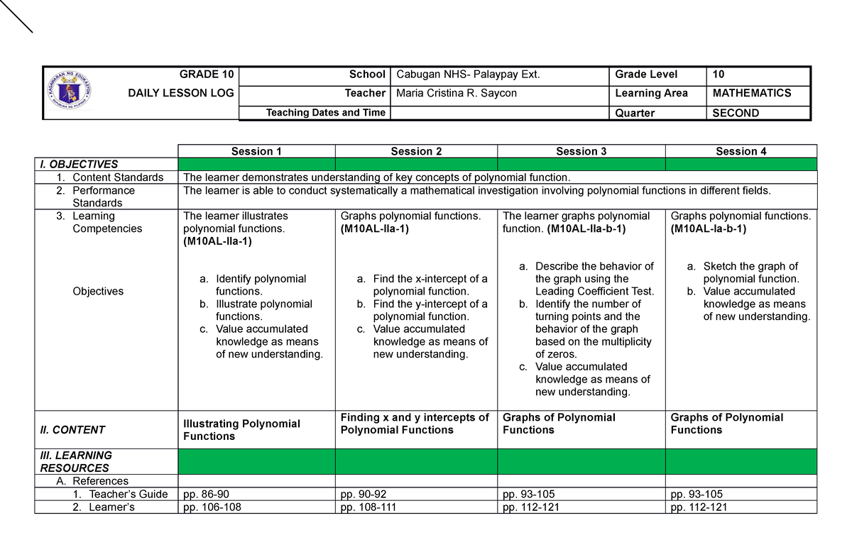 G10 DLL 2ND Quarter - GRADE 10 DAILY LESSON LOG School Cabugan NHS ...