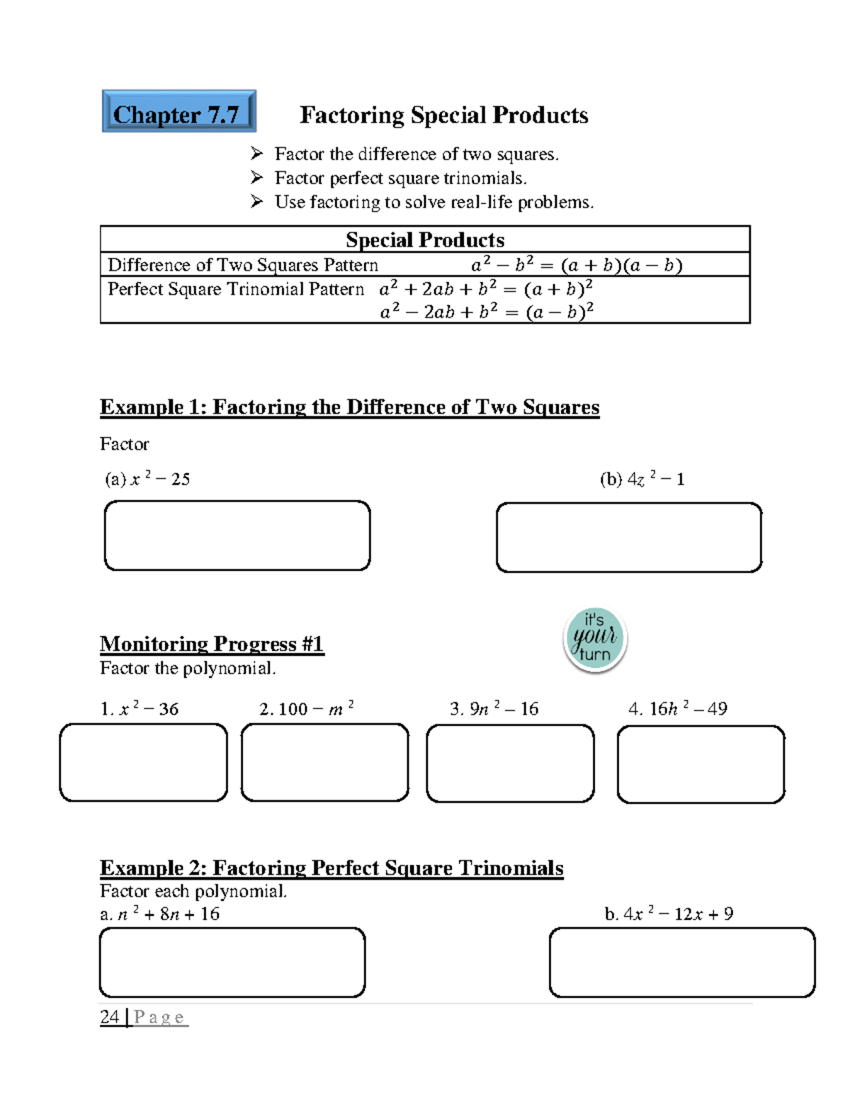 Alg+1+Notes+7 - Lecture Notes 1 - 24 | P A G E Chapter 7 Factoring ...