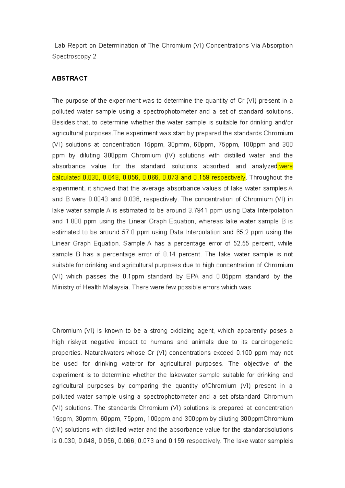 Lab 5 Determination of Chromium (VI) Concentration via Absorption