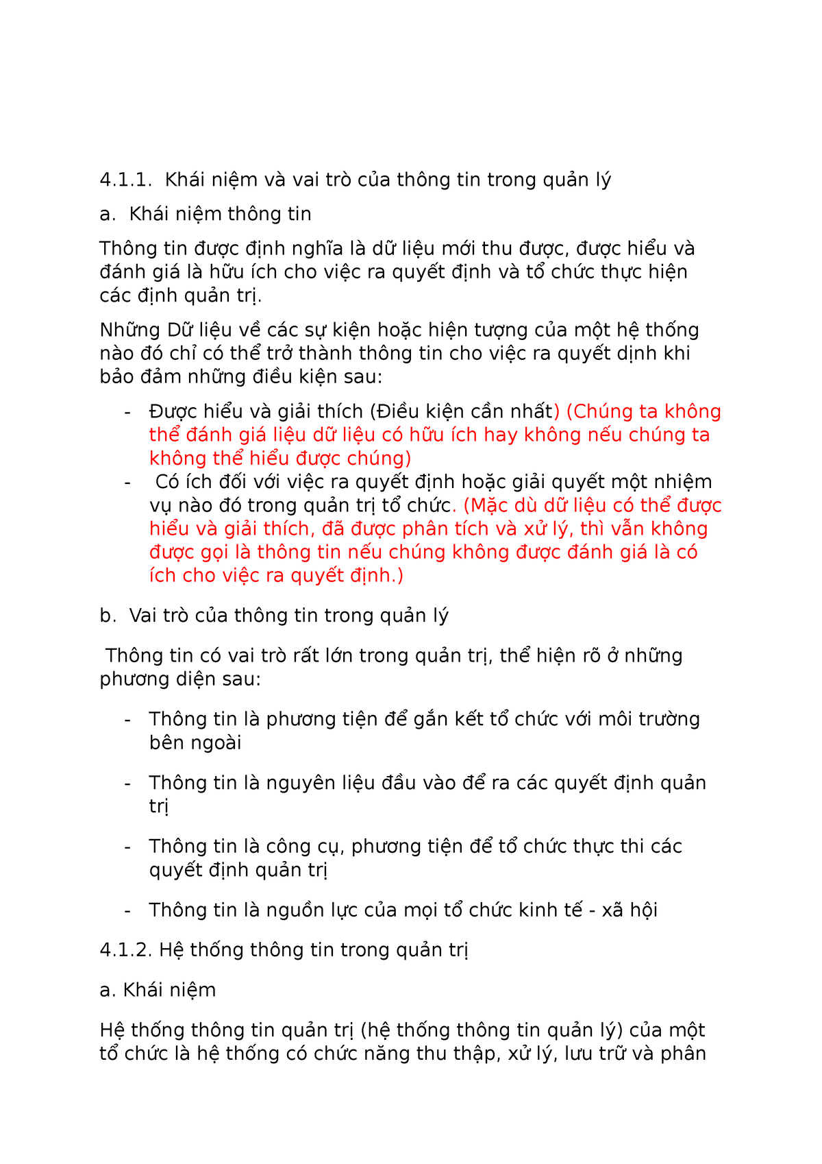 Thông tin trong quản trị - 4.1. Khái niệm và vai trò của thông tin trong quản lý a. Khái niệm thông - Studocu