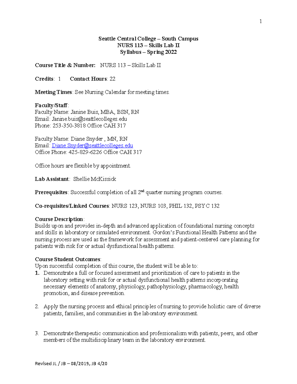 NURS 113 syllabi 2022 Spring Seattle Central College South Campus