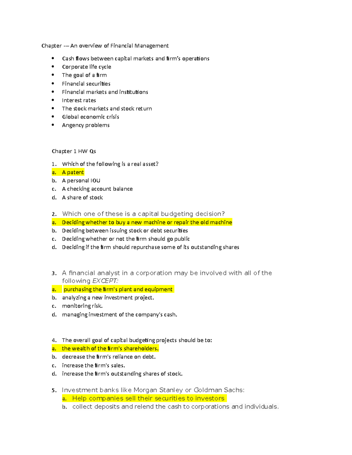 Financial Midterm Study Sheet - Chapter - An Overview Of Financial ...