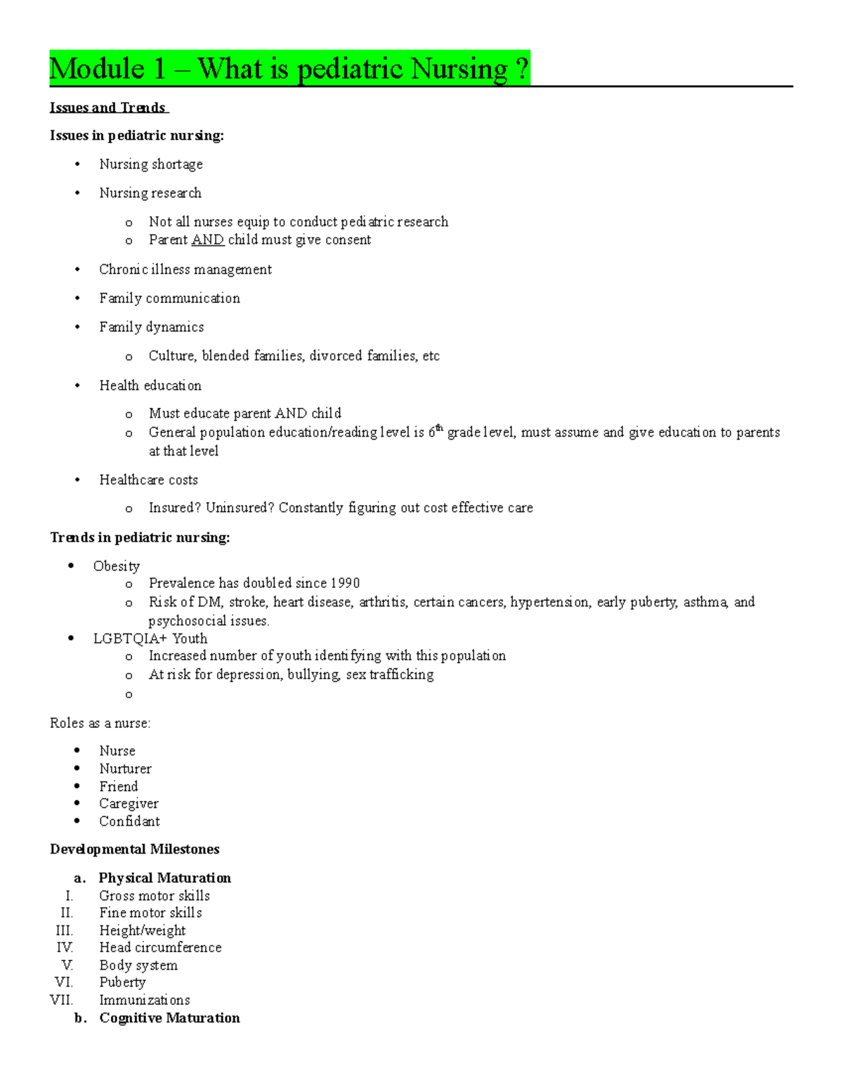 Exam 1 study guide - Module 1 – What is pediatric Nursing? Issues and ...