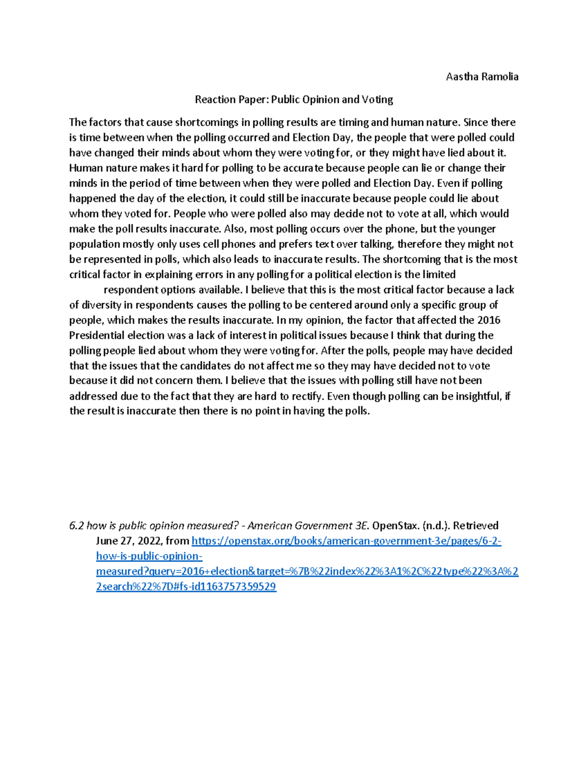 Reaction Paper-Public Opinion and Voting-Aastha Ramolia - Aastha ...